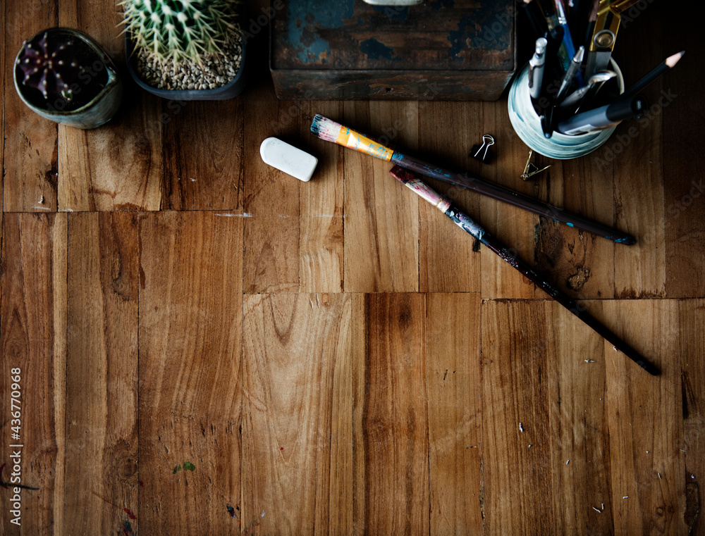 Aerial view of a desk