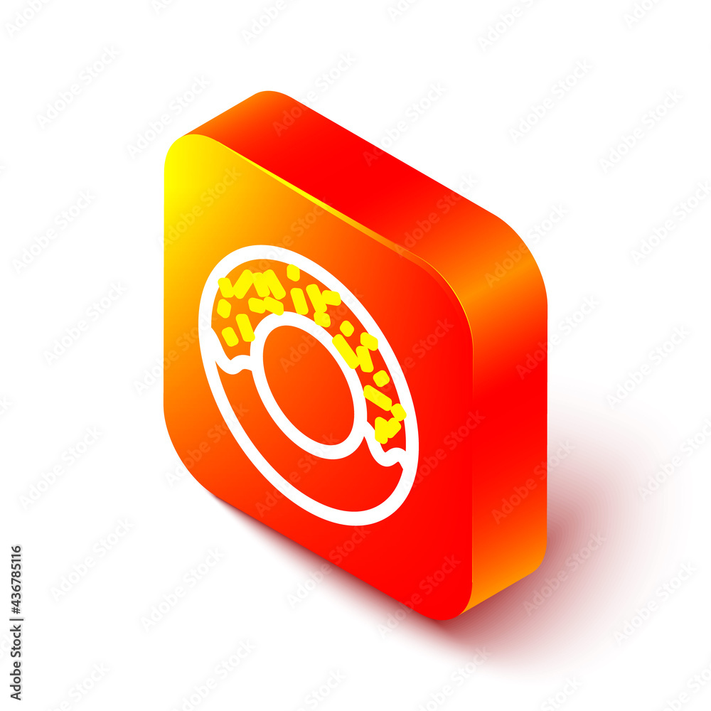 Isometric line Donut with sweet glaze icon isolated on white background. Orange square button. Vecto