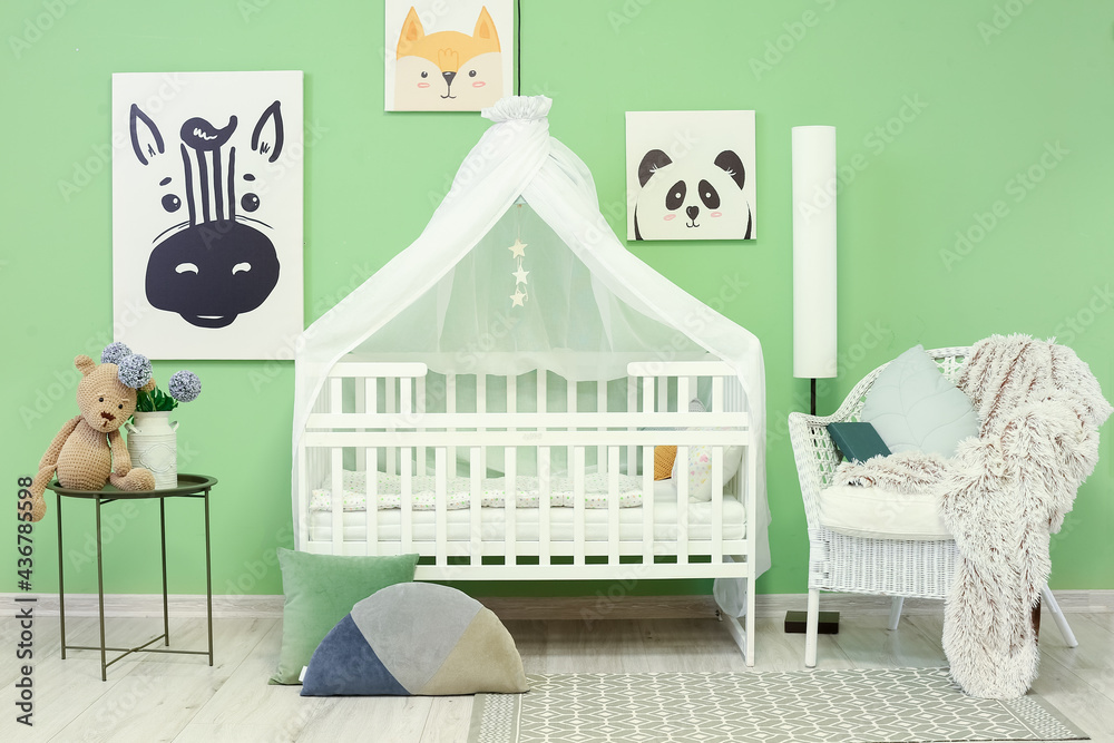 Interior of stylish childrens room with comfortable bed