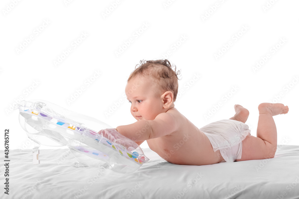 Cute baby with inflatable ring on white background