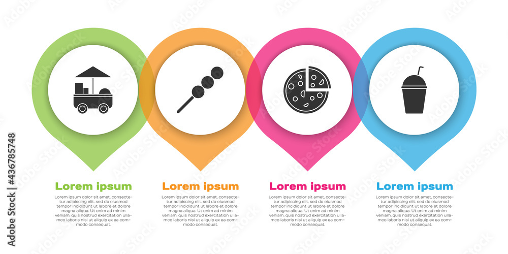 Set Fast street food cart, Meatballs on wooden stick, Pizza and Milkshake. Business infographic temp