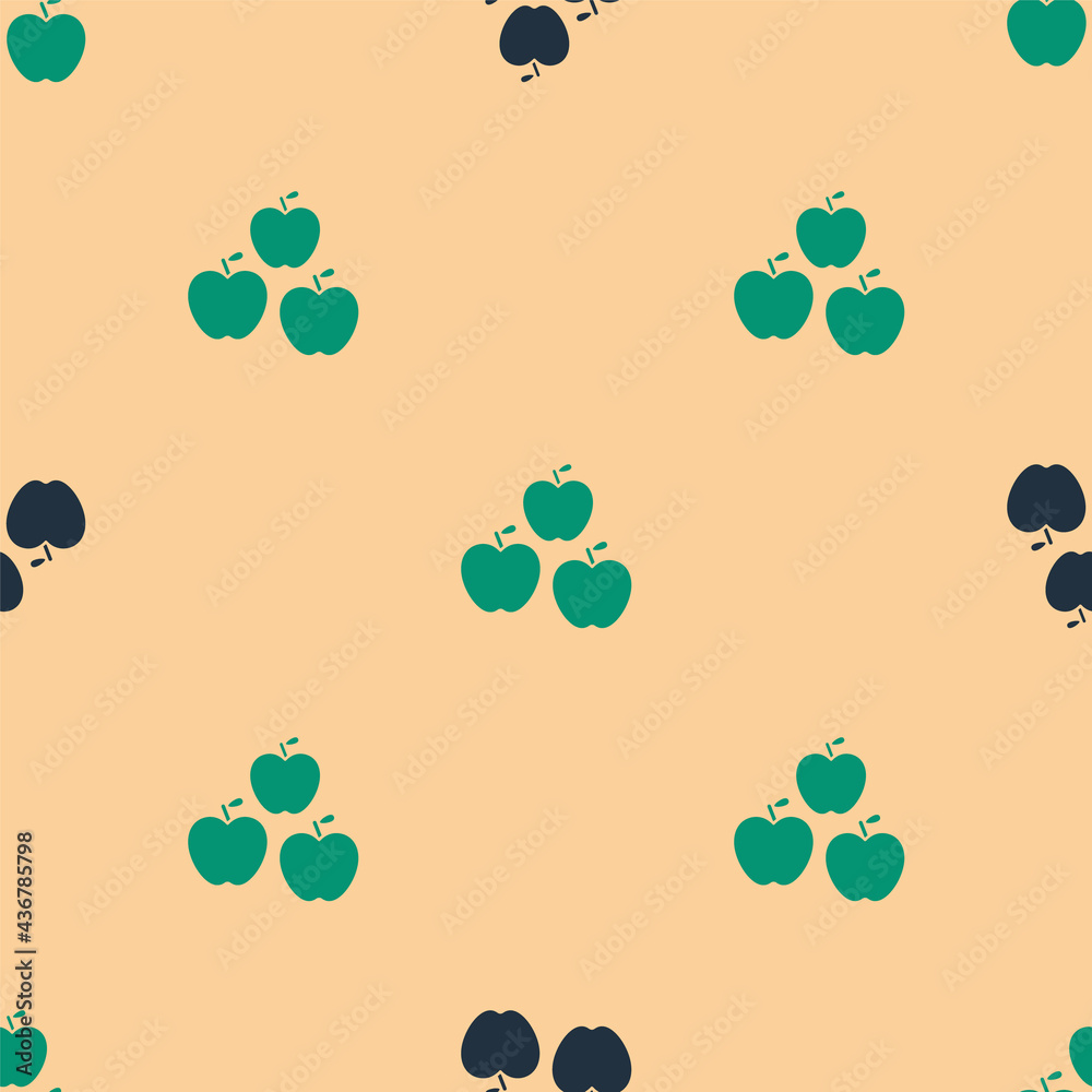 Green and black Apple icon isolated seamless pattern on beige background. Fruit with leaf symbol. Ve