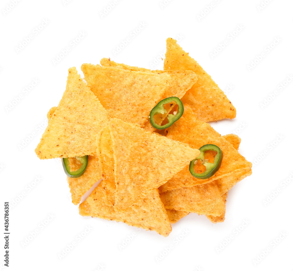 Tasty nachos with chili pepper on white background