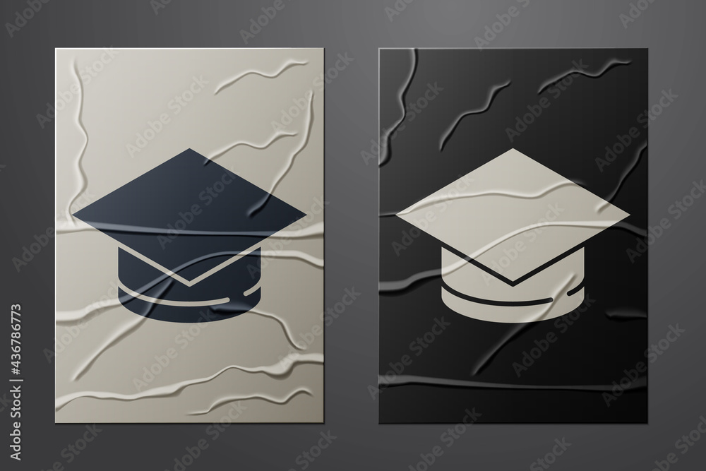 White Graduation cap icon isolated on crumpled paper background. Graduation hat with tassel icon. Pa