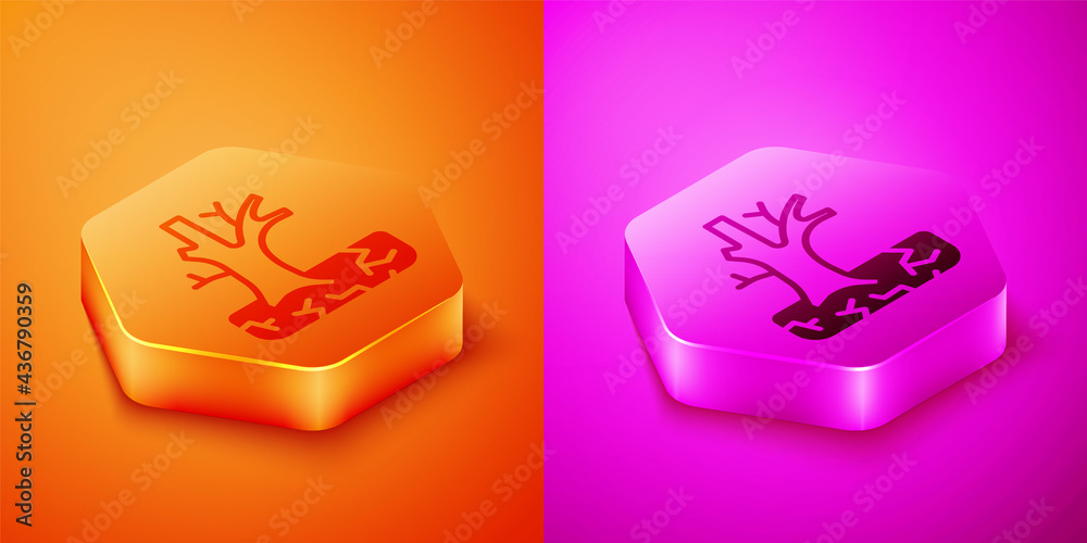 Isometric Withered tree icon isolated on orange and pink background. Bare tree. Dead tree silhouette