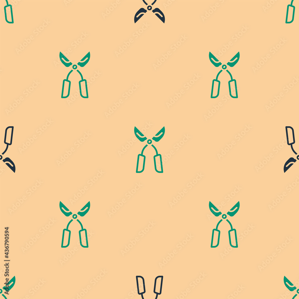 Green and black Gardening handmade scissors for trimming icon isolated seamless pattern on beige bac