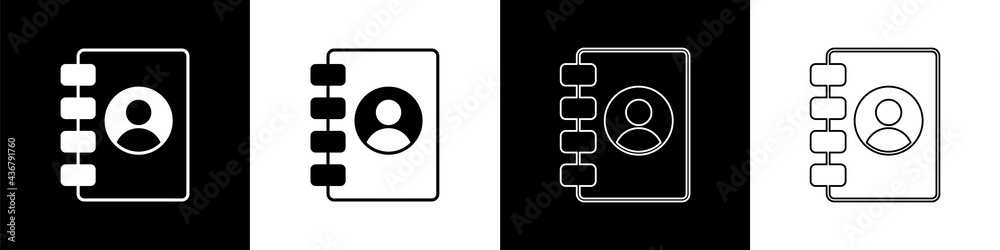 Set Address book icon isolated on black and white background. Notebook, address, contact, directory,