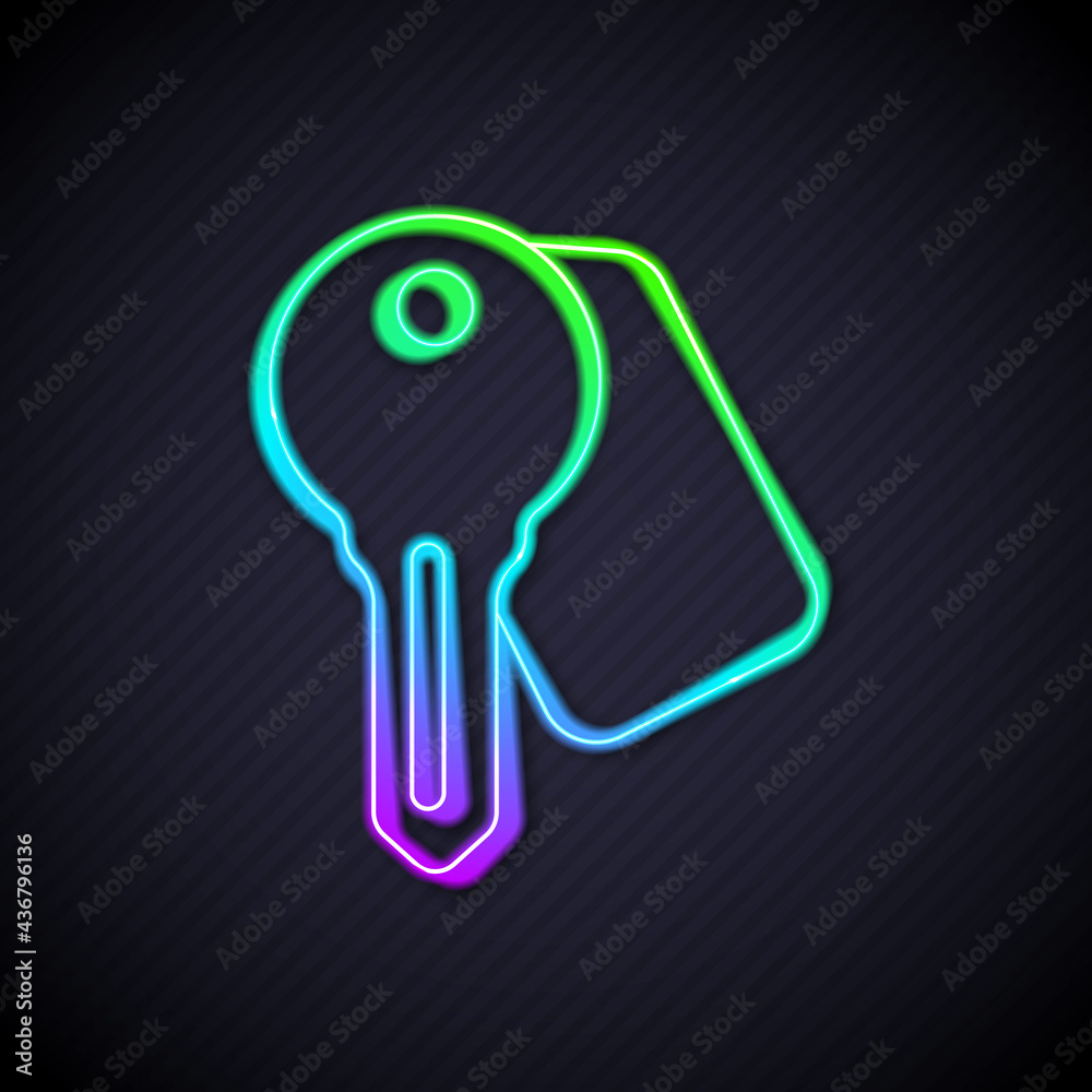 Glowing neon line Hotel door lock key icon isolated on black background. Vector