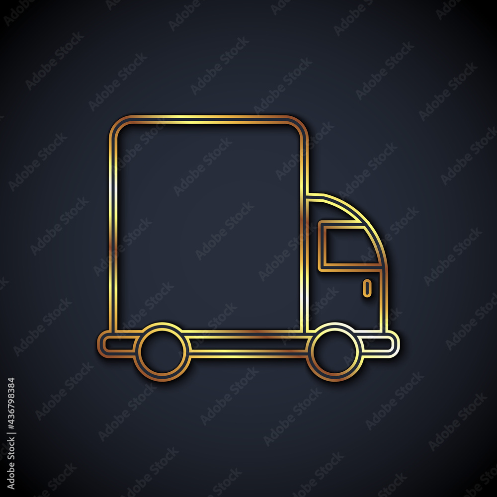 Gold line Delivery cargo truck vehicle icon isolated on black background. Vector