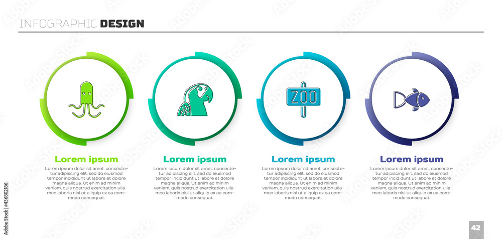 设置章鱼、鹦鹉、动物园和鱼类。商业信息图模板。矢量