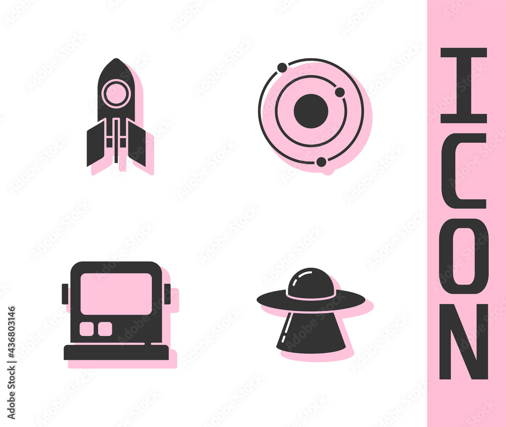 Set UFO flying spaceship, Rocket, Astronaut helmet and Solar system icon. Vector