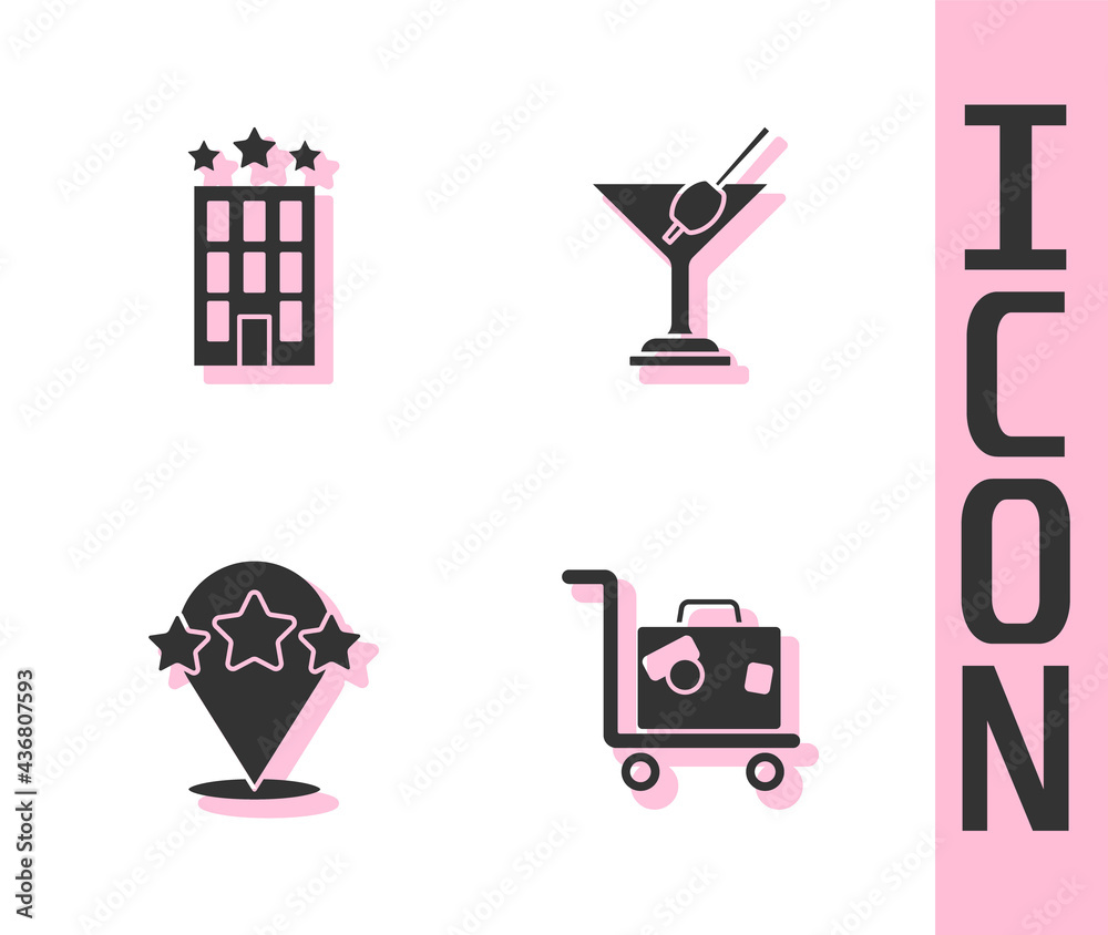 Set Suitcase, Hotel building, Five stars rating review and Martini glass icon. Vector