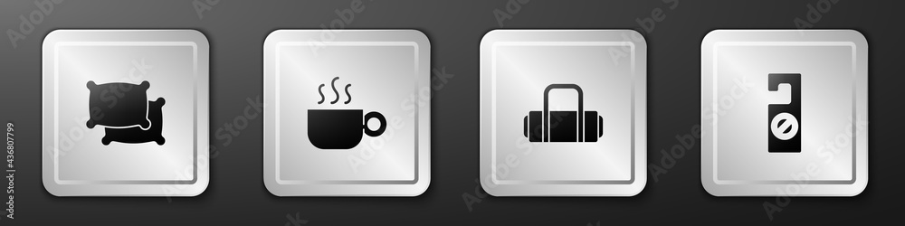 Set Pillow, Coffee cup, Suitcase and Please do not disturb icon. Silver square button. Vector