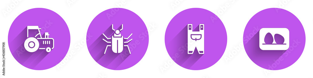 Set Tractor, Insect fly, Garden worker clothes and Chicken egg icon with long shadow. Vector