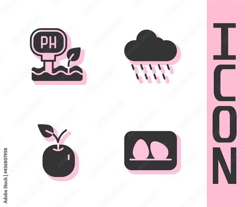 Set Chicken egg, Soil ph testing, Apple and Cloud with rain icon. Vector