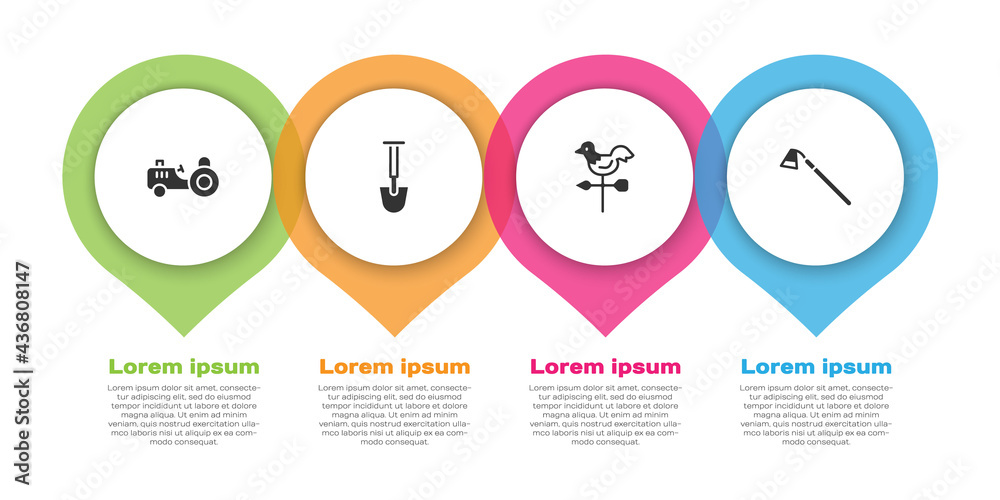 设置拖拉机、铲子、公鸡风向标和花园锄。商业信息图模板。矢量
