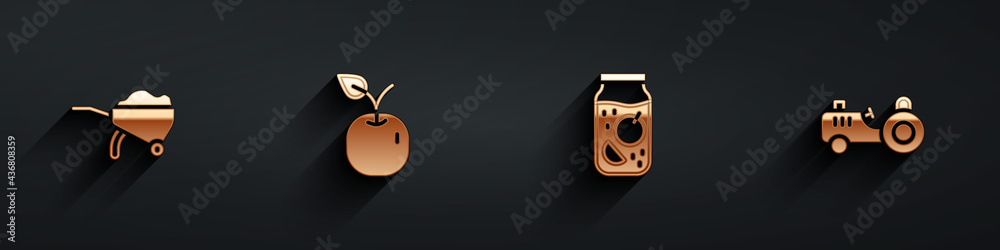 Set Wheelbarrow with dirt, Apple, Jam jar and Tractor icon with long shadow. Vector