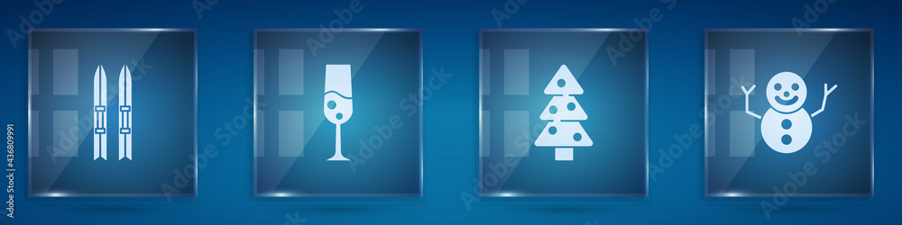 Set Ski and sticks, Glass of champagne, Christmas tree and snowman. Square glass panels. Vector