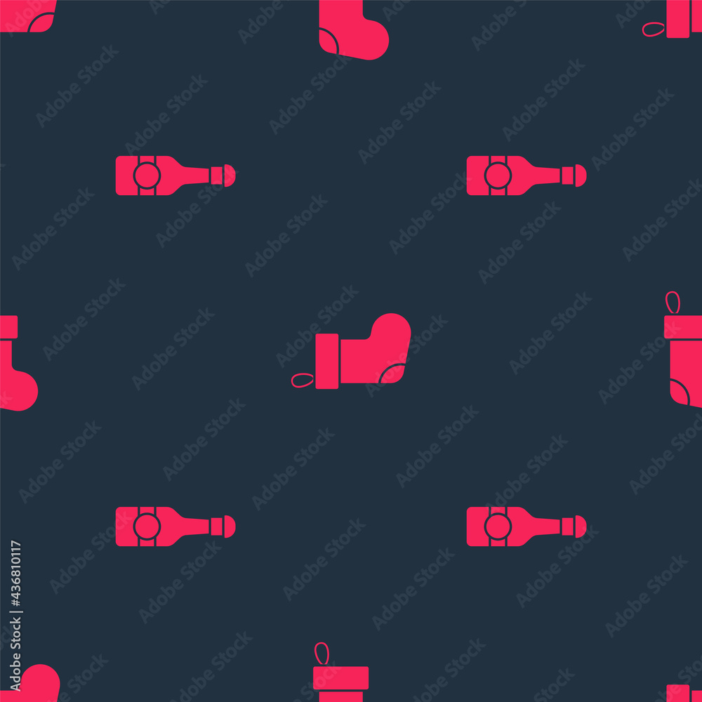 Set Champagne bottle and Christmas stocking on seamless pattern. Vector