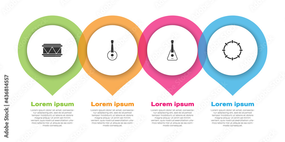 击鼓、班卓琴、吉他和铃鼓。商业信息图模板。矢量