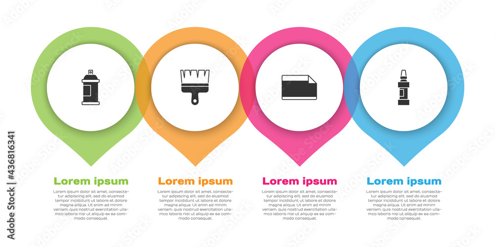 套装喷漆罐、刷子、纸贴纸和记号笔。商业信息图模板。Ve