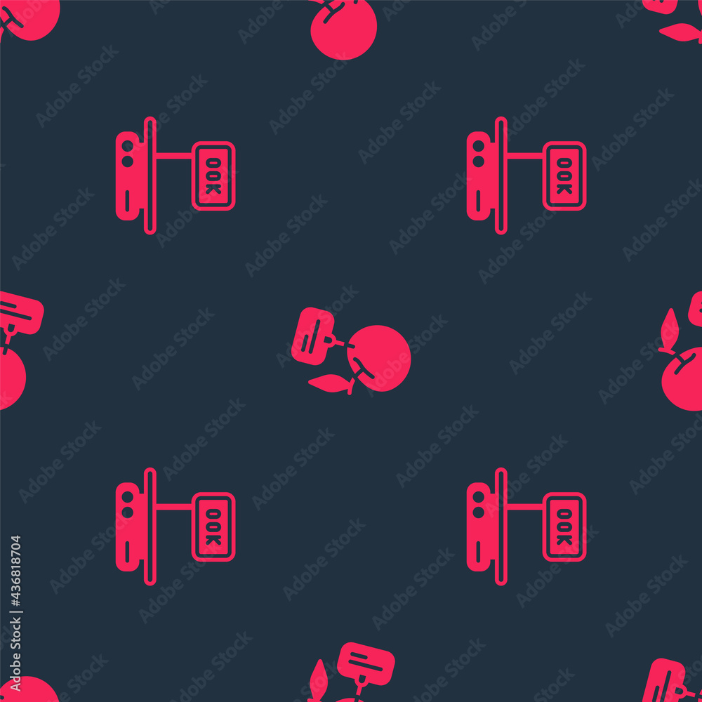 Set Electronic scales and Supermarket food products with price label on seamless pattern. Vector