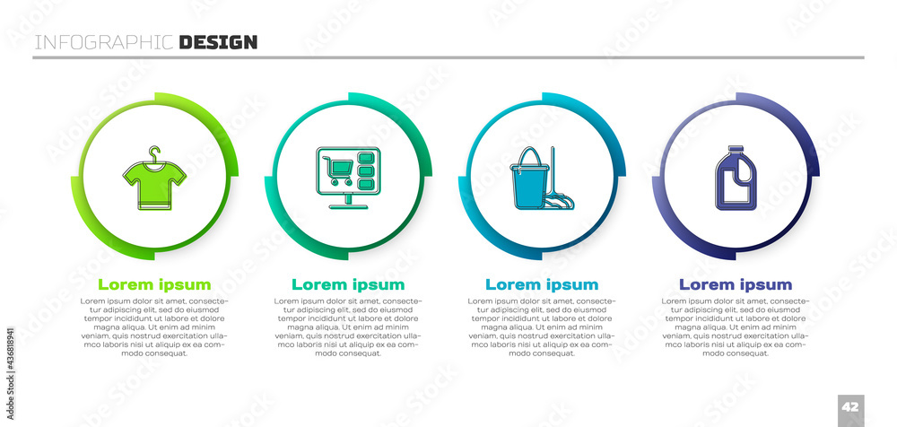 Set T-shirt, Shopping cart on computer, Mop and bucket and Bottle for cleaning agent. Business infog