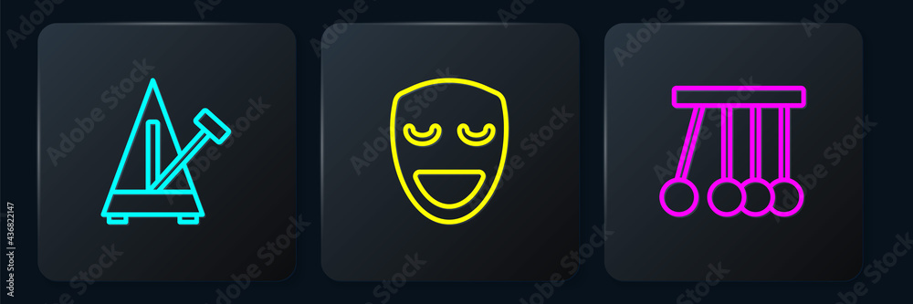 Set line Metronome with pendulum, Pendulum and Comedy theatrical mask. Black square button. Vector