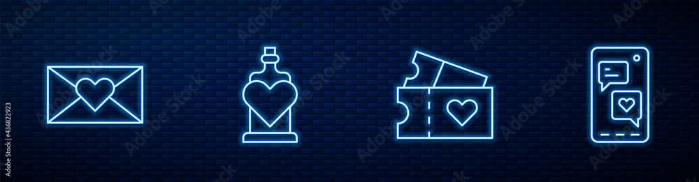 Set line Love ticket, Envelope with Valentine heart, Bottle love potion and Mobile. Glowing neon ico