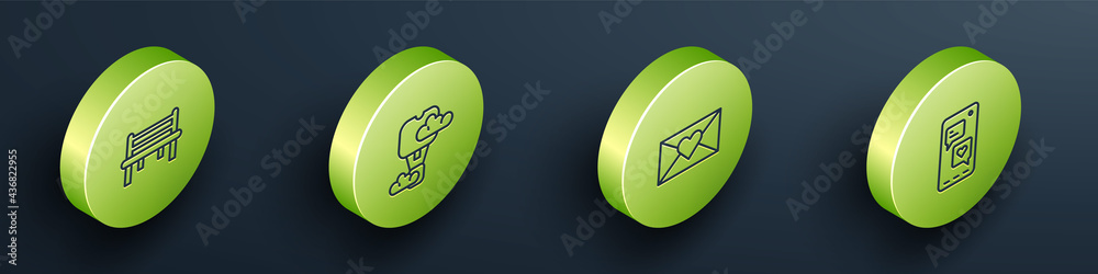 Set Isometric line Romantic bench, hot air balloon, Envelope with Valentine heart and Mobile icon. V