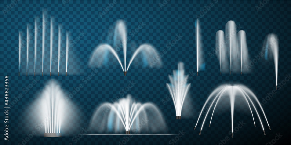 喷泉集矢量插图。带有飞溅或喷雾的瀑布和间歇泉的集合