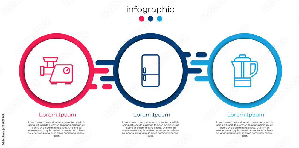 Set line Kitchen meat grinder, Refrigerator and Teapot. Business infographic template. Vector