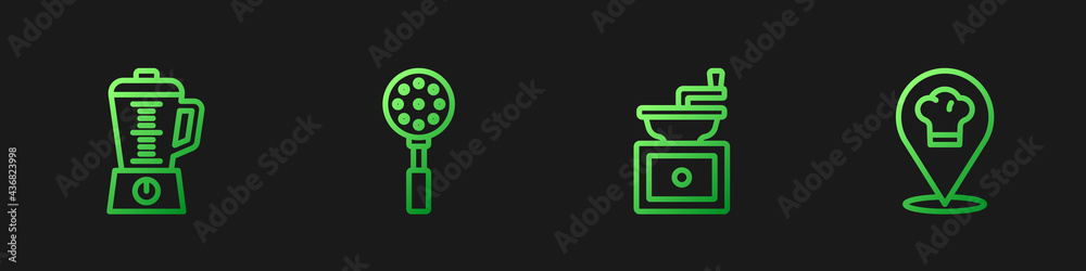 Set line Manual coffee grinder, Blender, Spatula and Chef hat with location. Gradient color icons. V