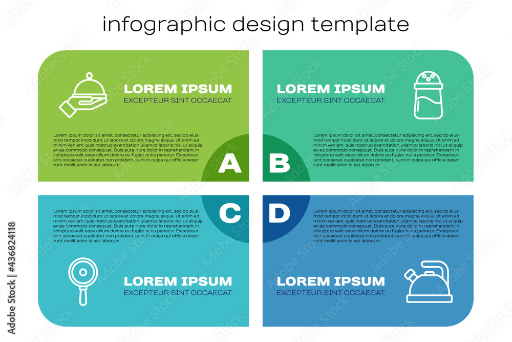 Set line Frying pan, Covered with tray, Kettle handle and Salt. Business infographic template. Vecto