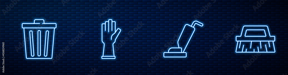 Set line Vacuum cleaner, Trash can, Rubber gloves and Brush for cleaning. Glowing neon icon on brick