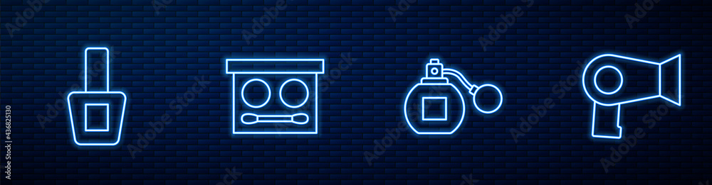 定格香水、指甲油瓶、眼影调色板和吹风机。砖上发光的霓虹灯图标