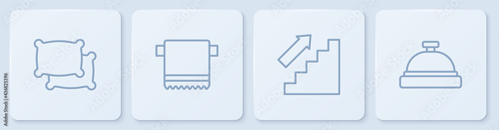 设置枕头、楼梯、毛巾挂在衣架上和酒店服务铃。白色方形按钮。矢量