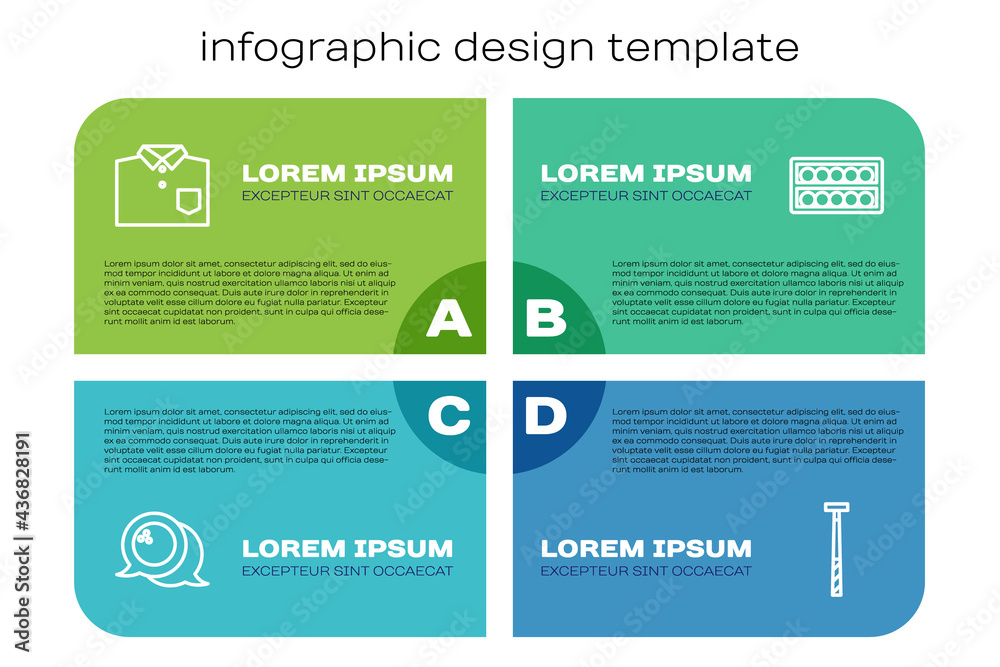 Set line Bowling ball, shirt, Billiard cue and balls on stand. Business infographic template. Vector