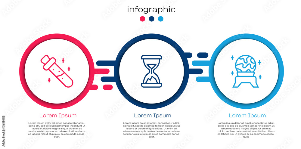 Set line Bottle with potion, Old hourglass sand and Magic ball. Business infographic template. Vecto