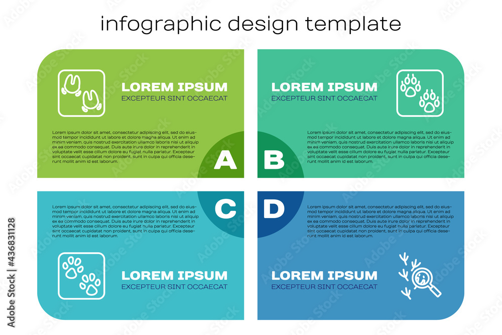 Set line Paw print, Wild boar paw footprint, Bird and . Business infographic template. Vector