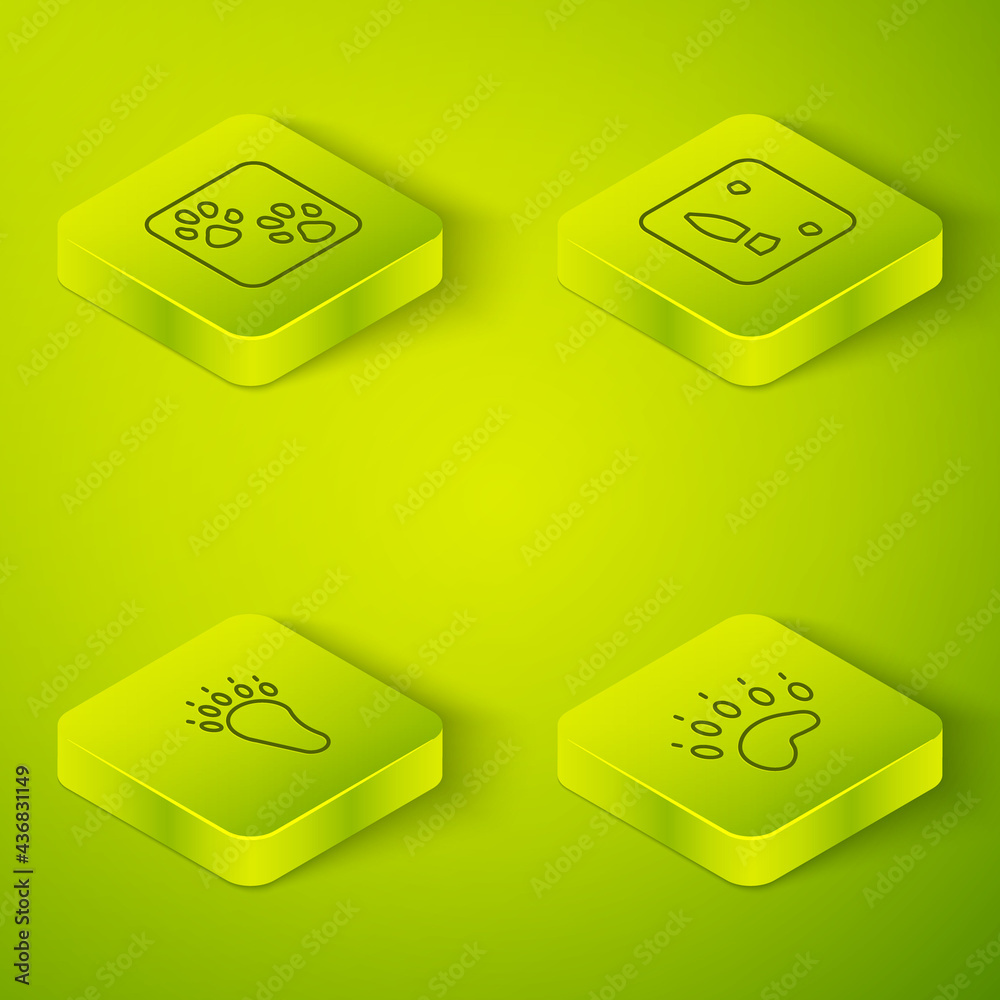 Set Isometric line Human footprints shoes, Bear paw, and Paw icon. Vector