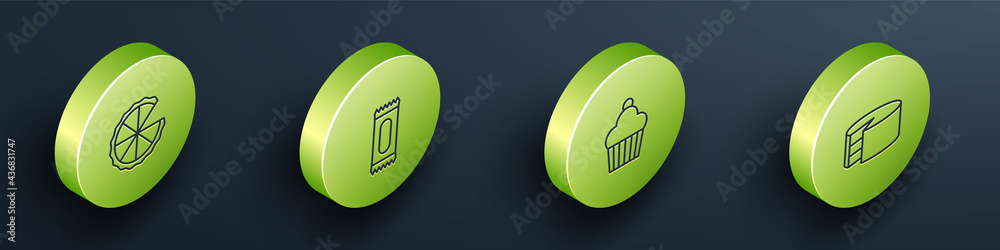 Set Isometric line Homemade pie, Candy, Cake and icon. Vector