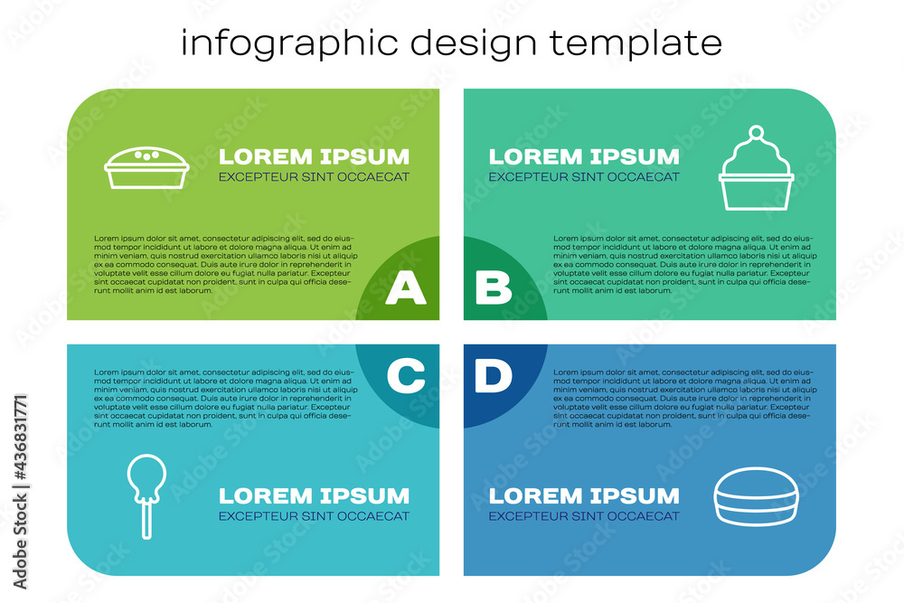 设定线棒棒糖、自制馅饼、马卡龙饼干和蛋糕。商业信息图模板。矢量