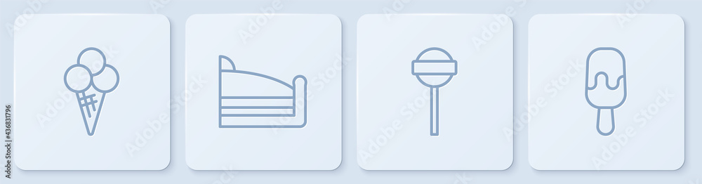 在华夫饼蛋卷、棒棒糖、一块蛋糕和白色方形按钮中放置冰淇淋。矢量