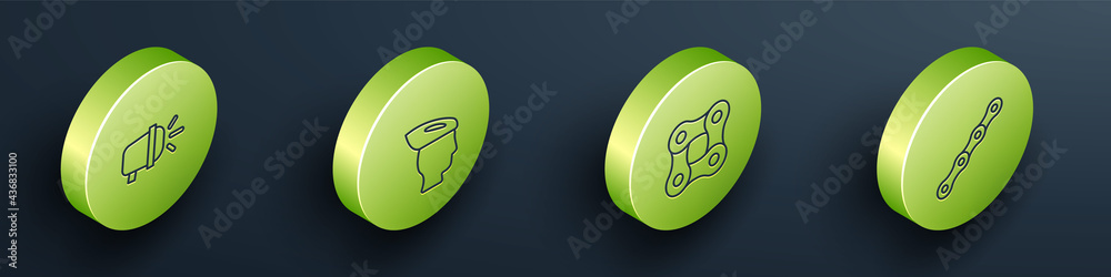 Set Isometric line Bicycle head lamp, helmet, chain and icon. Vector