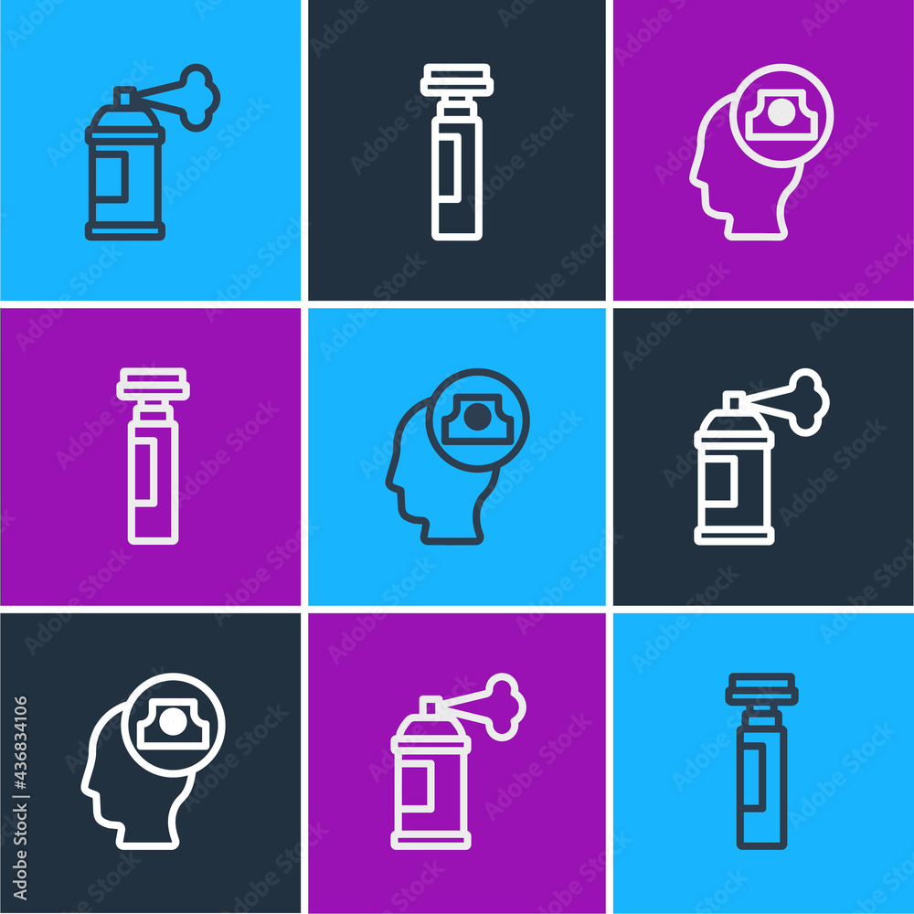 Set line Paint spray can, Spray nozzle cap and Marker pen icon. Vector