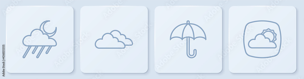 用雨和月亮、雨伞和天气预报设置云线。白色方形按钮。矢量