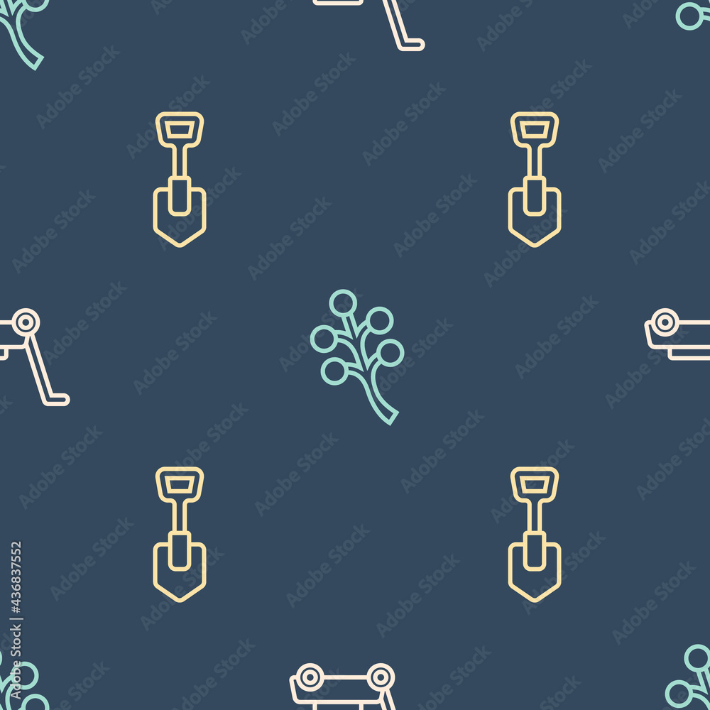 Set line Lawn mower, Shovel and Blossom tree branch on seamless pattern. Vector