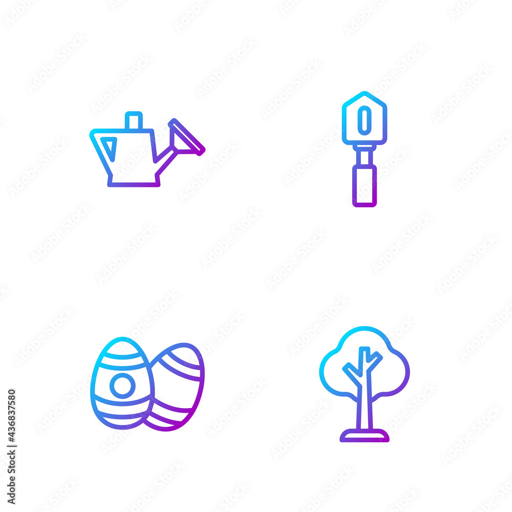 Set line Forest, Easter egg, Watering can and Shovel. Gradient color icons. Vector