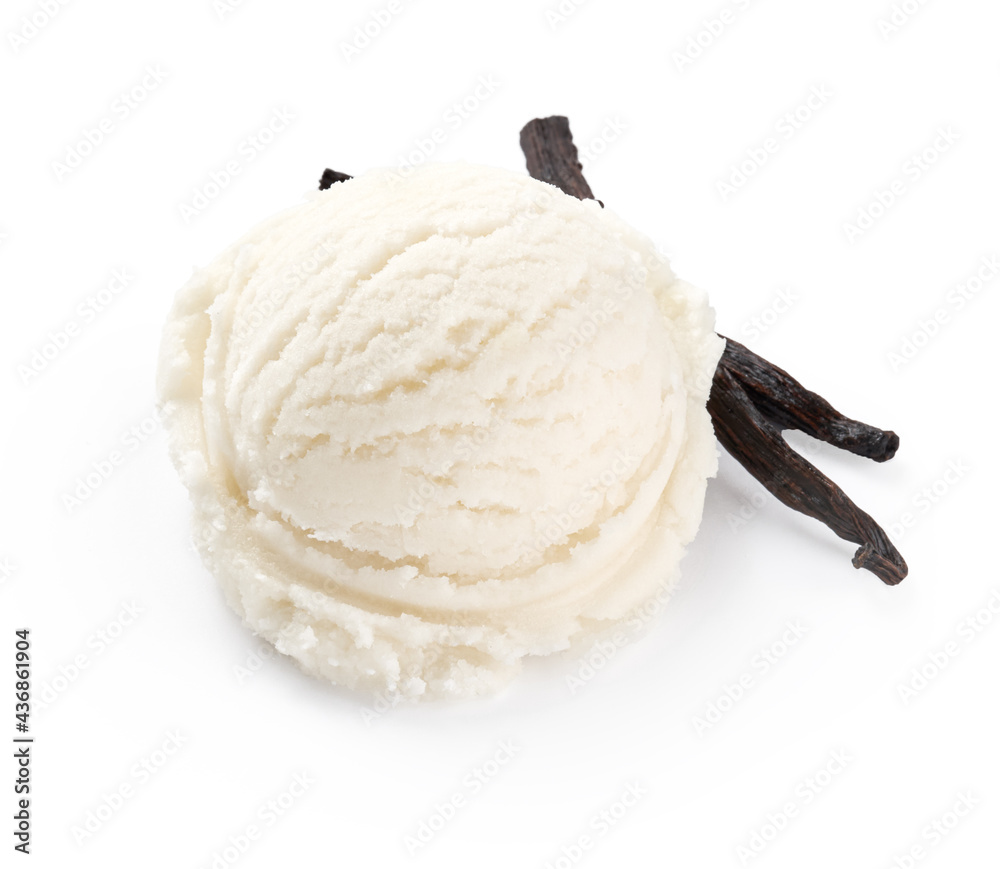 Scoop of vanilla ice cream on white background. Ice cream with vanilla isolated. Ice cream for packa